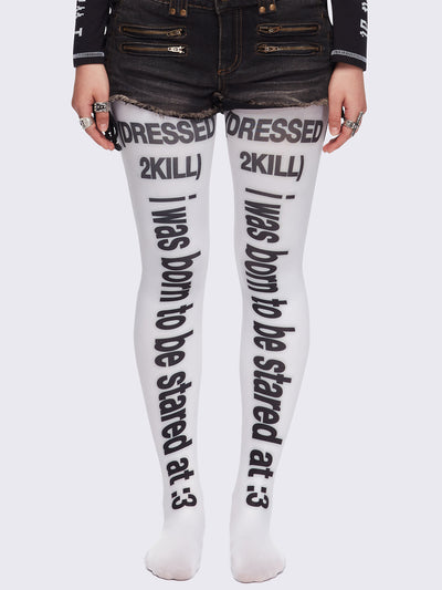 White opaque tights featuring slogan graphic prints.
