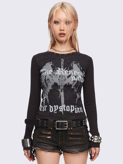 Black long sleeve top featuring a winged dagger and letters graphic print.
