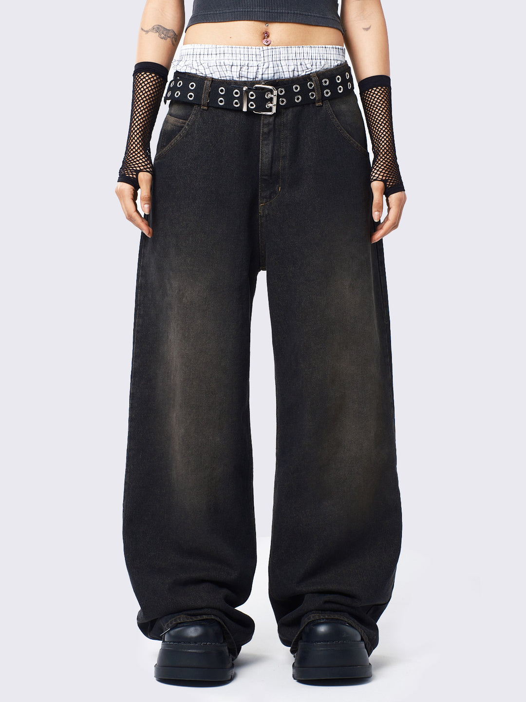 Washed Black Baggy Jeans with Brown Overdye - Y2k Grunge