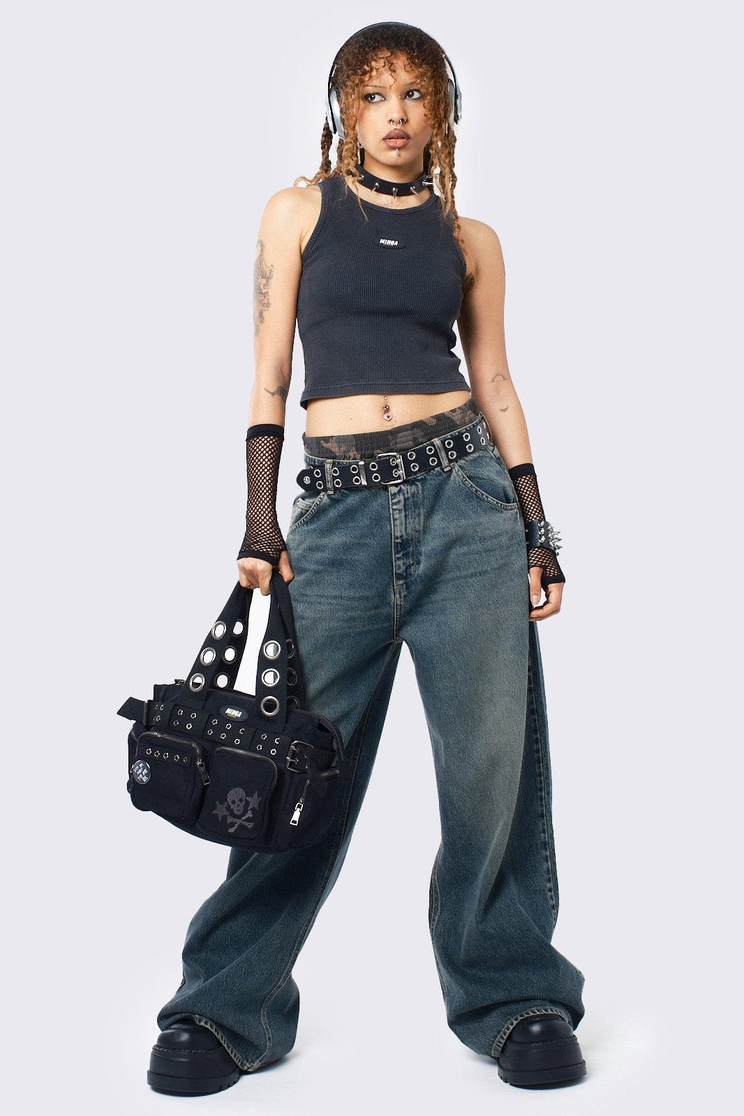 MuziZy Y2K Baggy Jeans voor dames, vintage ster, patchwork, hoge taille, rechte pijpen, Emo Grunge denim broek met zakken, Blauw, XL