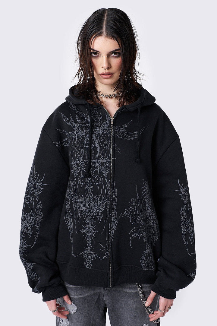 Black Oversized Zip Up Hoodie with Abstract Print - Grunge