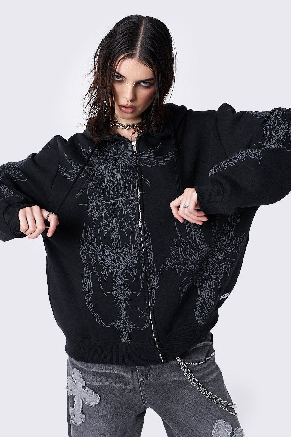 Black Oversized Zip Up Hoodie with Abstract Print - Grunge