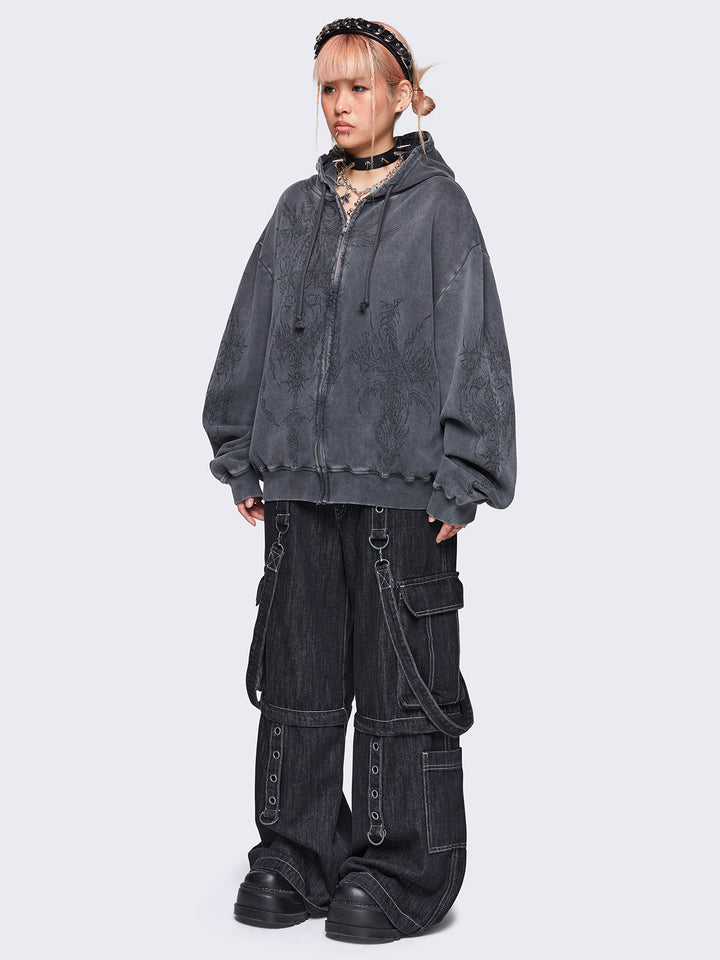 Grey Wash Oversized Zip Up Hoodie with Abstract Print - Grunge Clothing |  Minga London – Minga London EU
