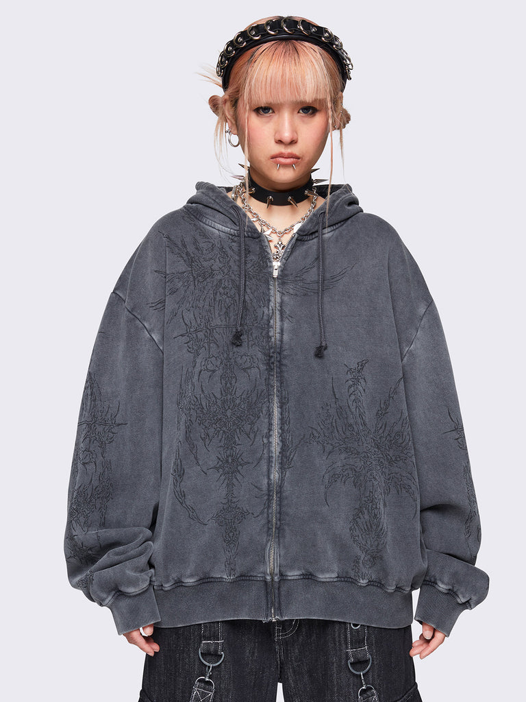 トップス GANNI OVERSIZED ZIP HOODIE adam et rope Grey Wash Oversized Zip Up Hoodie with Abstract Print