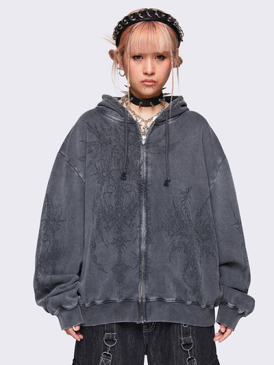 Grey wash oversized zip up hoodie with abstract print