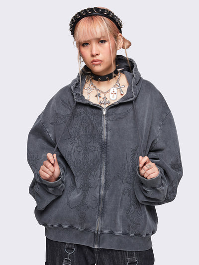 Grey wash oversized zip up hoodie with abstract print