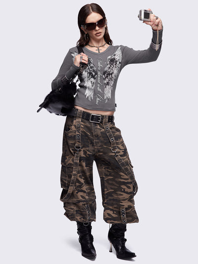 Grey long sleeve top featuring a 
"Feathers stained with chaos" wings graphic print and v-neck style.