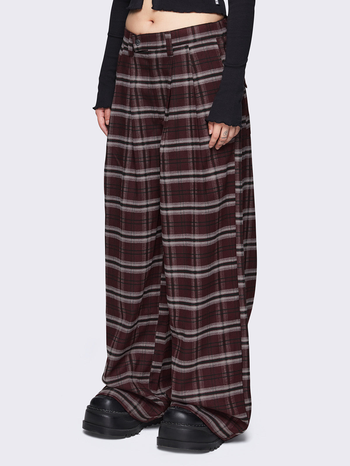 Baggy grandpa trousers in burgundy plaid check pattern