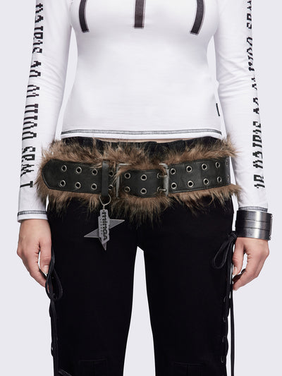 Black double grommet belt featuring brown faux fur trim.