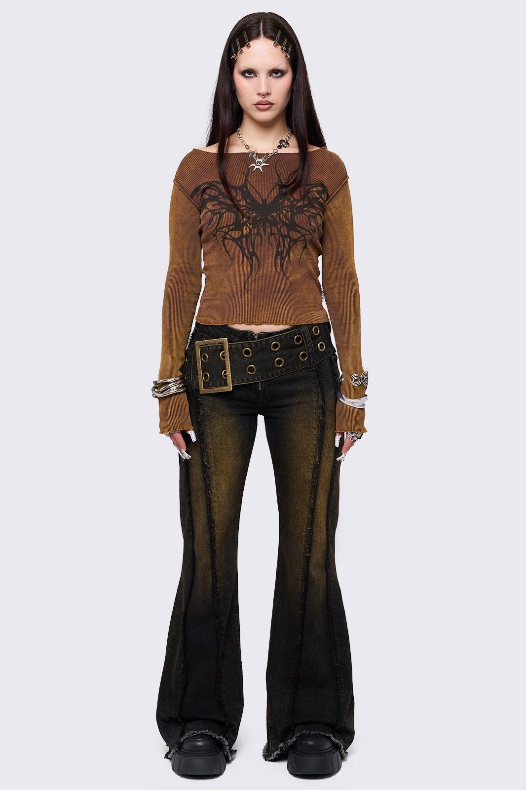 Overdye Belted Distressed Flare Jeans – Y2K Grunge | Minga London