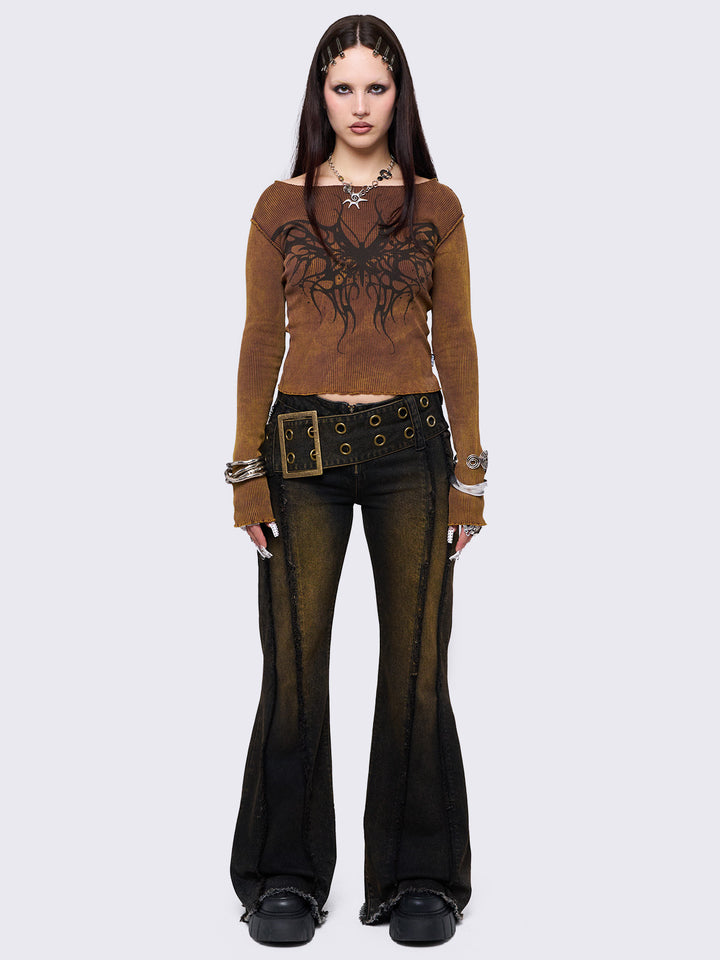 Overdye Belted Distressed Flare Jeans – Y2K Grunge | Minga Overdye Belted Distressed Flare Jeans – Y2K Grunge | Minga