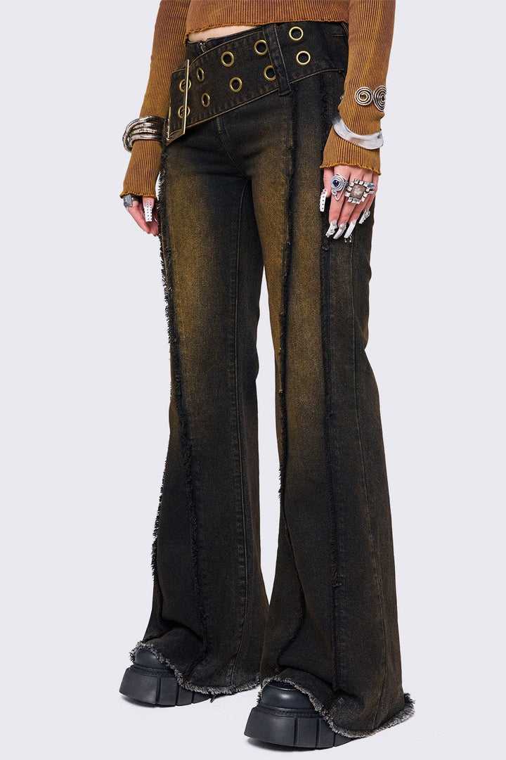Overdye Belted Distressed Flare Jeans – Y2K Grunge | Minga London