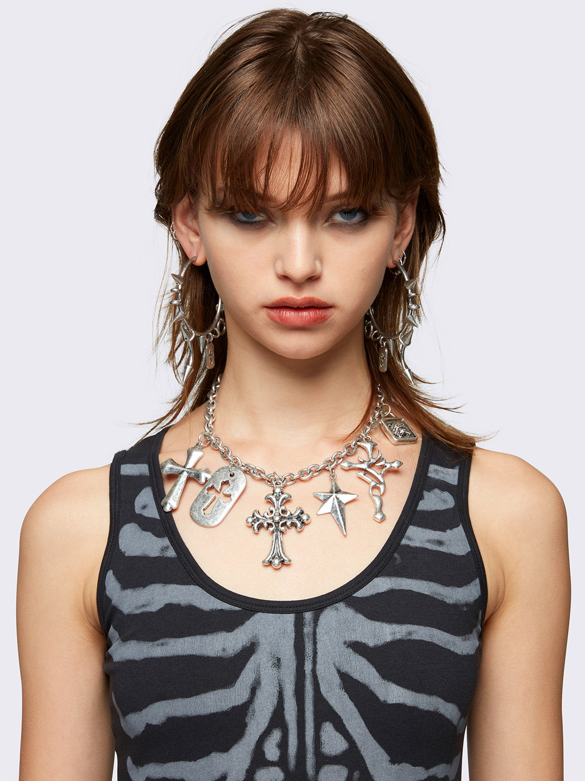 Silver chunky charm necklace with crosses pendants