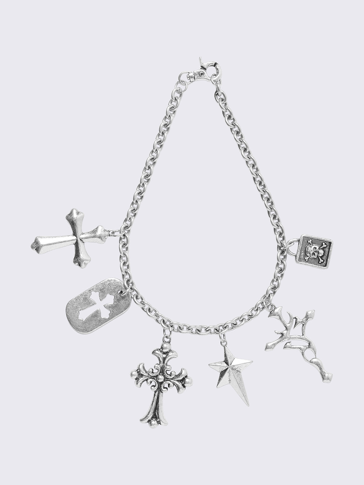 Silver chunky charm necklace with crosses pendants