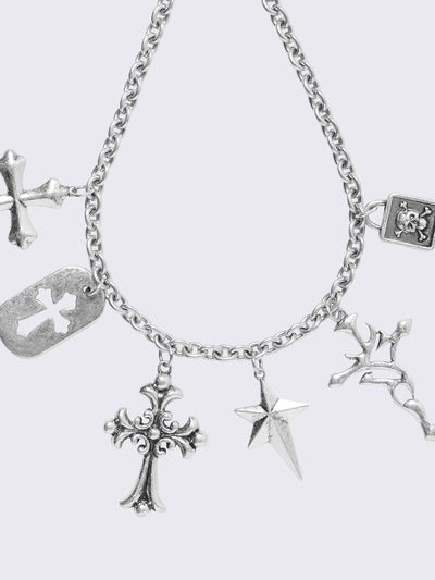 Silver chunky charm necklace with crosses pendants