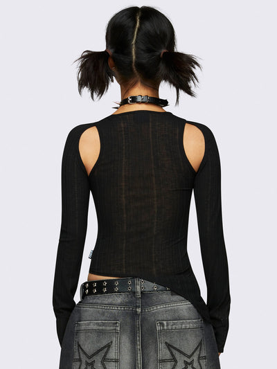 Asymmetric cut out top in black with thumbhole cuffs