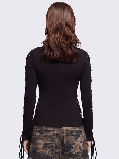 Khaela Black Lace-Up Top