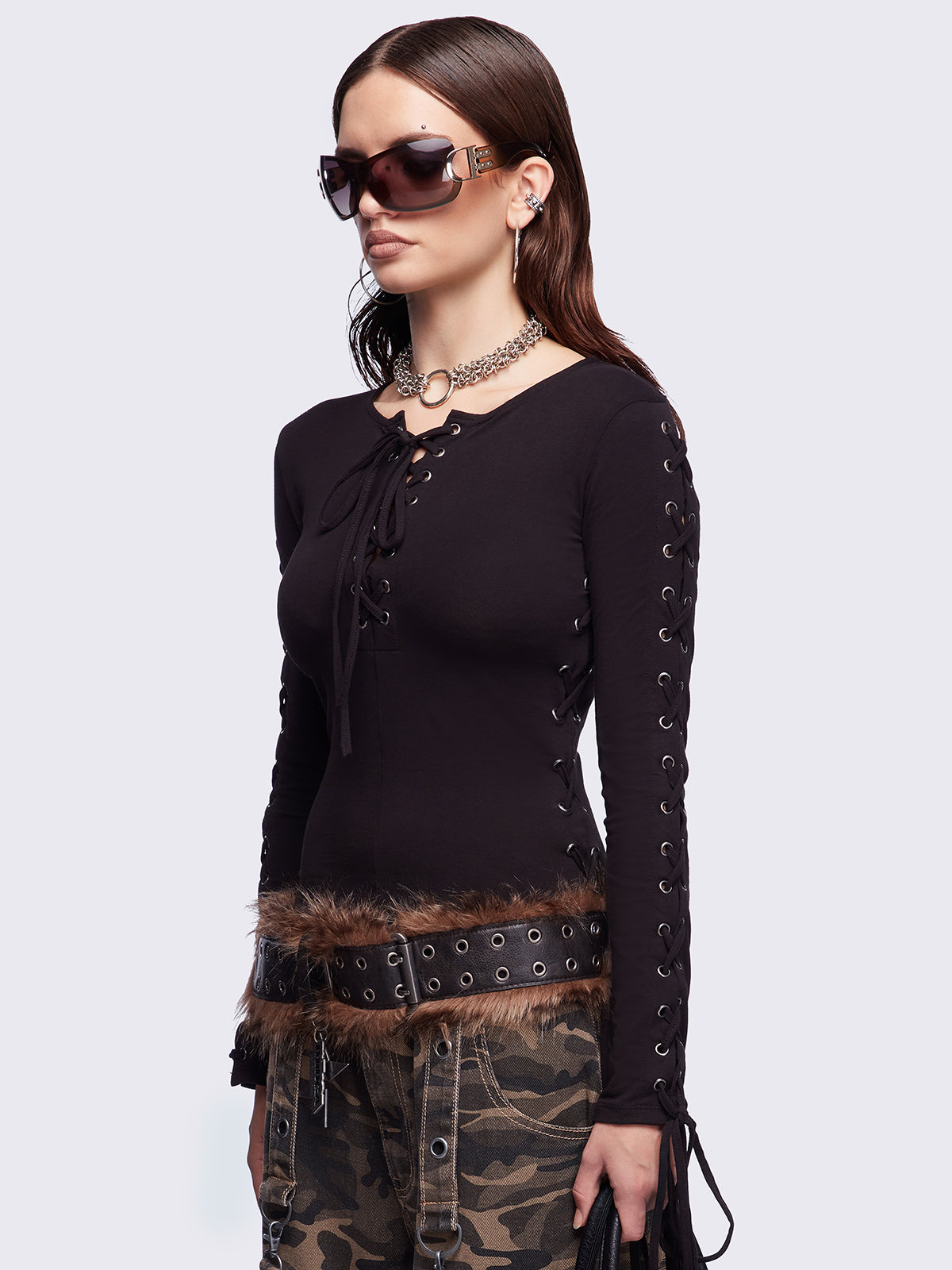 Khaela Black Lace-Up Top
