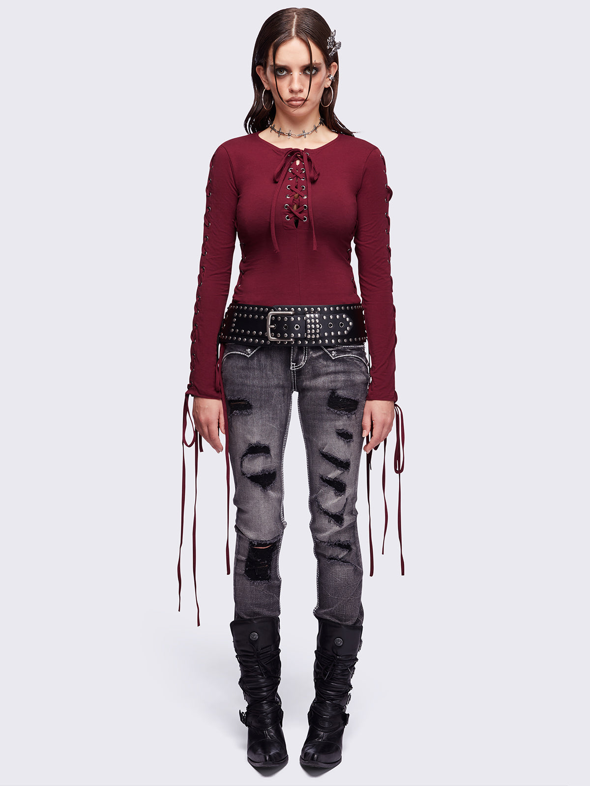 Khaela Burgundy Lace-Up Top