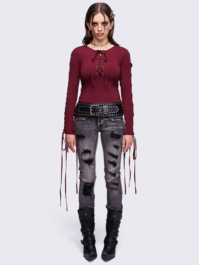 Khaela Burgundy Lace-Up Top