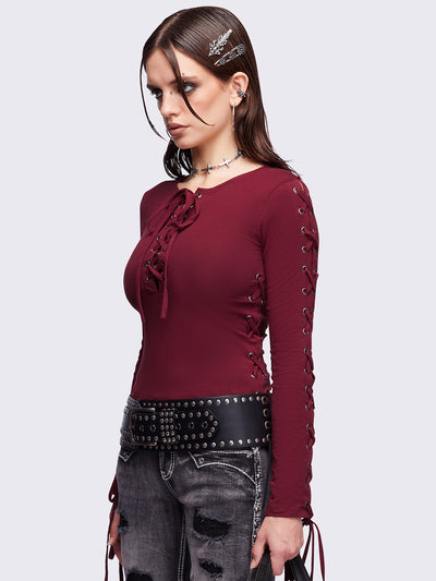 Khaela Burgundy Lace-Up Top