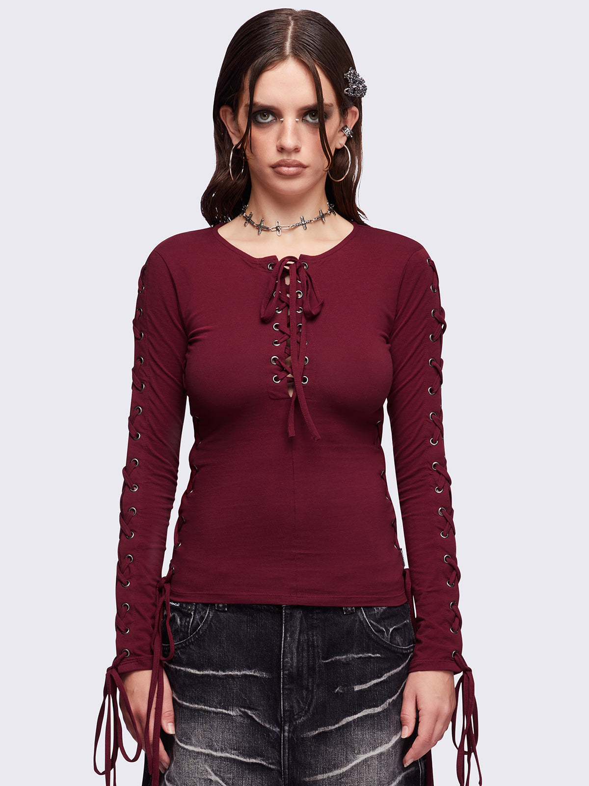 Khaela Burgundy Lace-Up Top