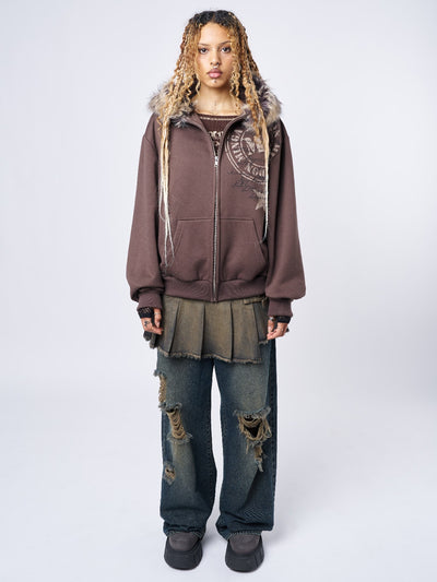 Brown Faux Fur Neck Oversized Zip Up Hoodie with Front Print - Front View