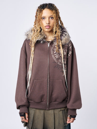 Brown Faux Fur Neck Oversized Zip Up Hoodie with Front Print - Front View
