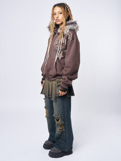 Brown Faux Fur Neck Oversized Zip Up Hoodie with Front Print - Side View