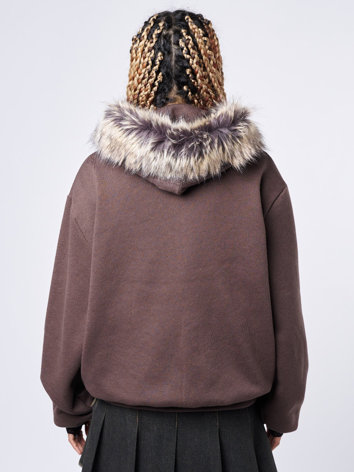 Brown Faux Fur Neck Oversized Zip Up Hoodie with Front Print - Back View