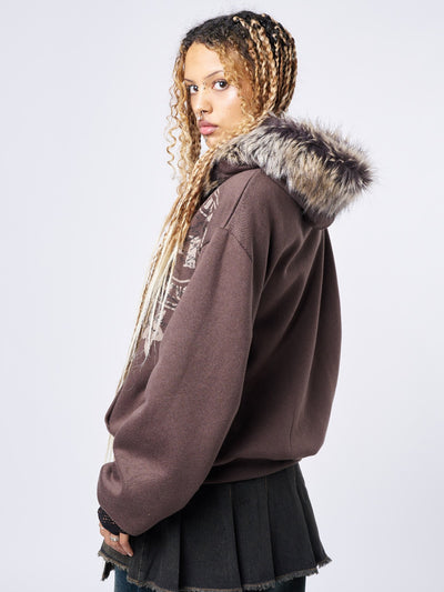 Brown Faux Fur Neck Oversized Zip Up Hoodie with Front Print - Back View