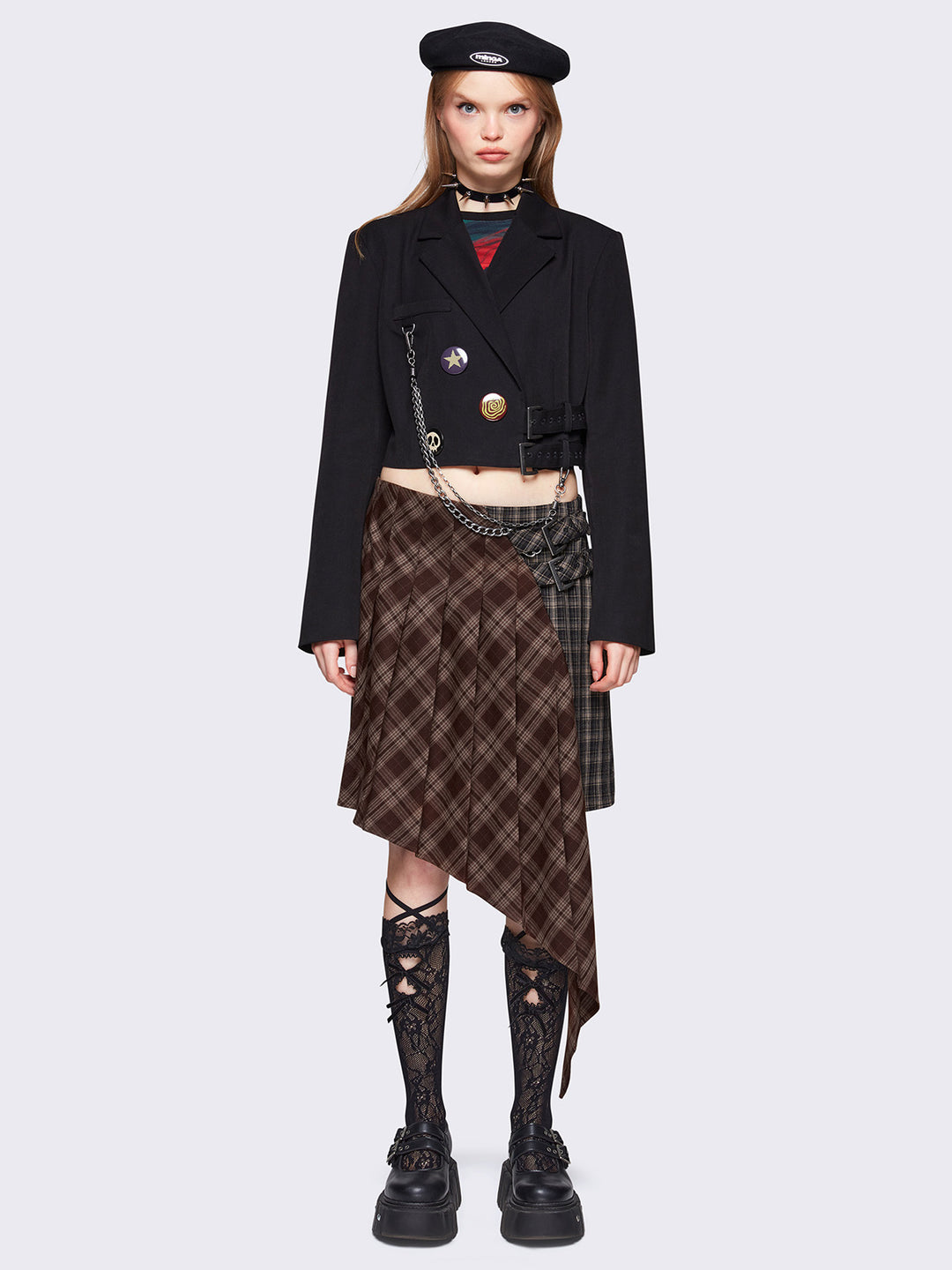 MINGA LONDON☆Kya Plaid Asymmetric Skirt 2色【UK発】 Brown Plaid Tartan Asymmetric Pleated Midi Skirt | Minga