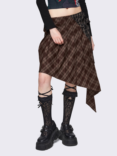 Pleated asymmetric midi skirt in patchwork plaid check pattern 