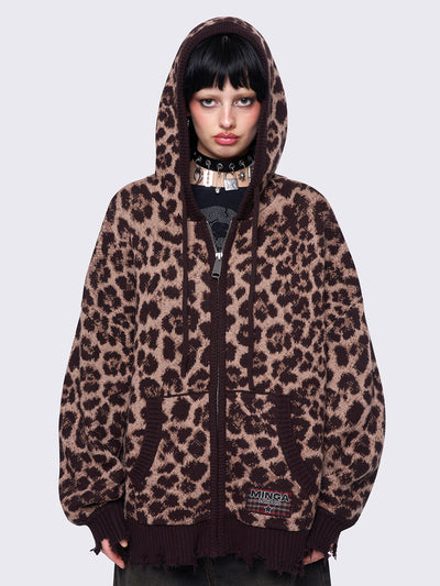 Leopard Knitted Zip-Up Hoodie