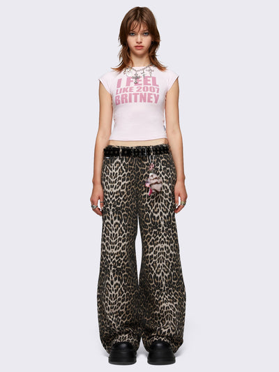 Wide leg baggy jeans in leopard print