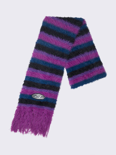 Striped tassel furry scarf in magenta, blue and black