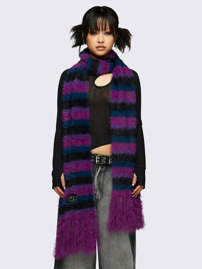 Striped tassel fluffy scarf in magenta, blue and black