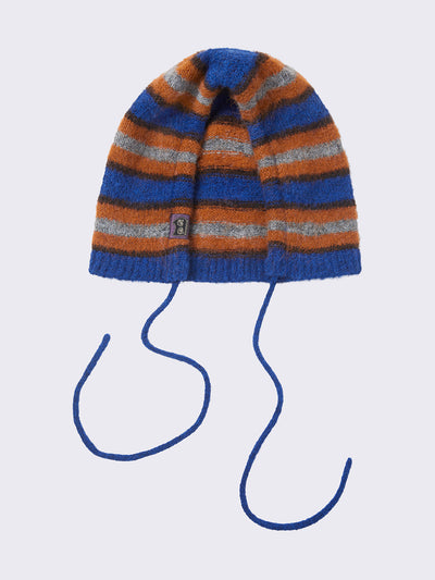 Striped knit bonnet hat in blue, orange and grey