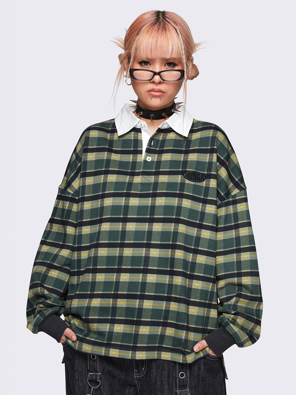 Oversized check rugby polo in green