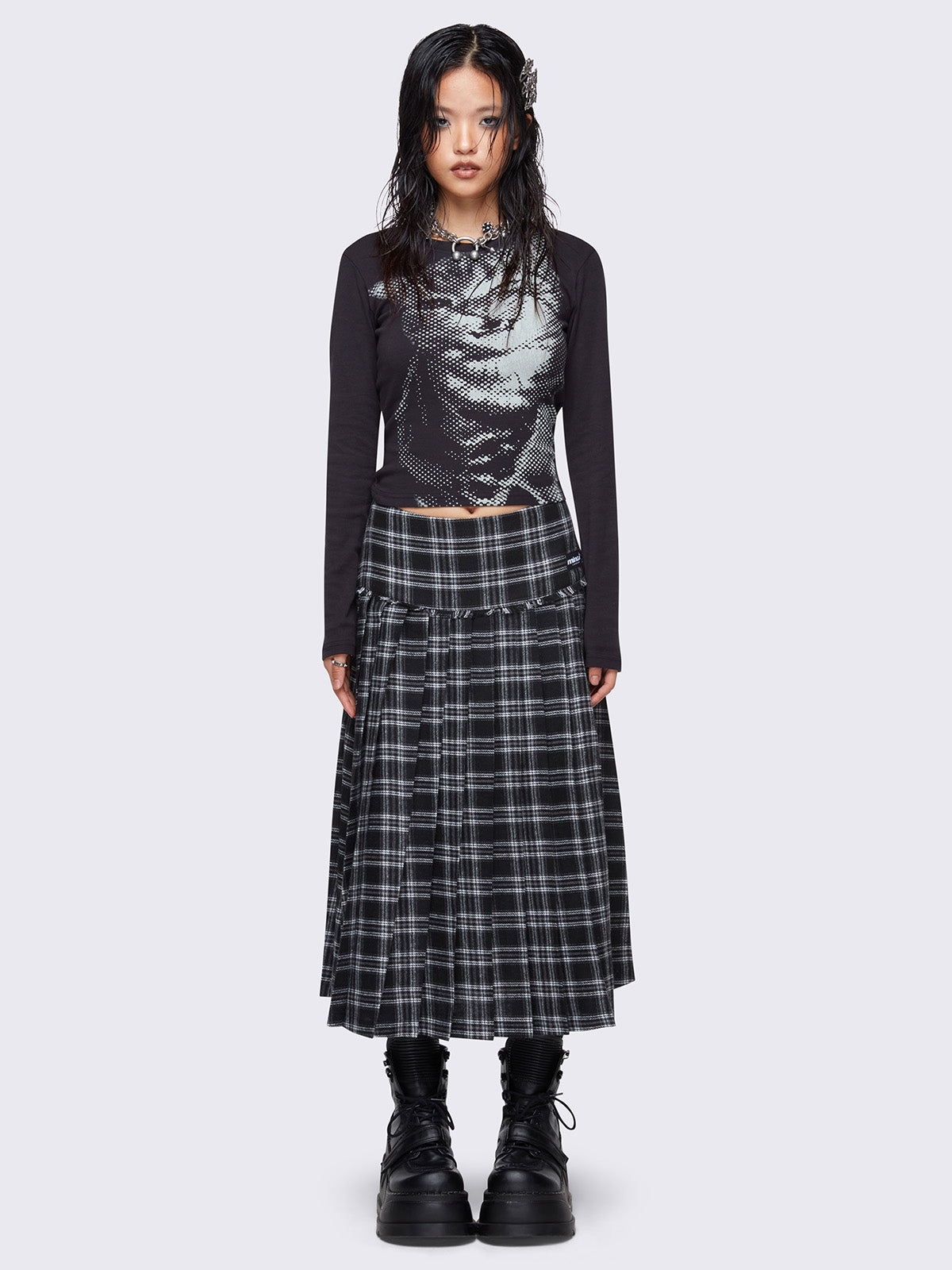 Black and grey plaid check pleated midi skirt