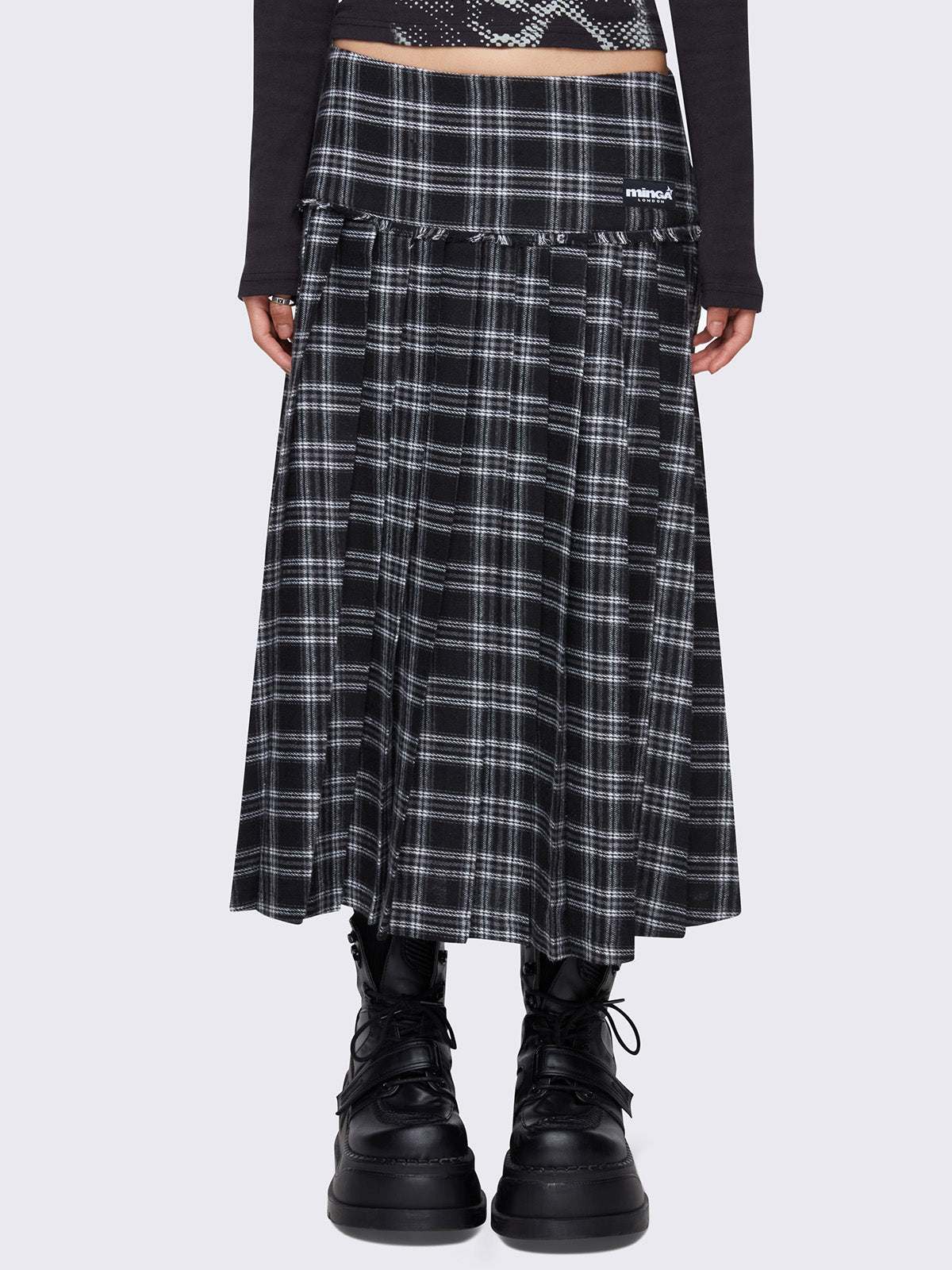 Black and grey plaid check pleated midi skirt
