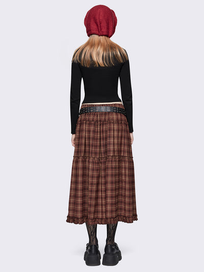 Plaid checkered ruffle maxi skirt in brown