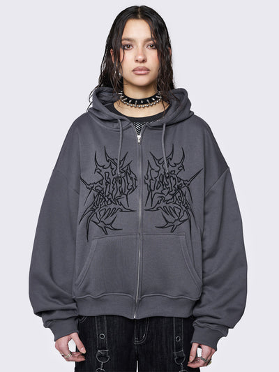 Grey zip up hoodie jacket with sigilism graphic front embroidery.