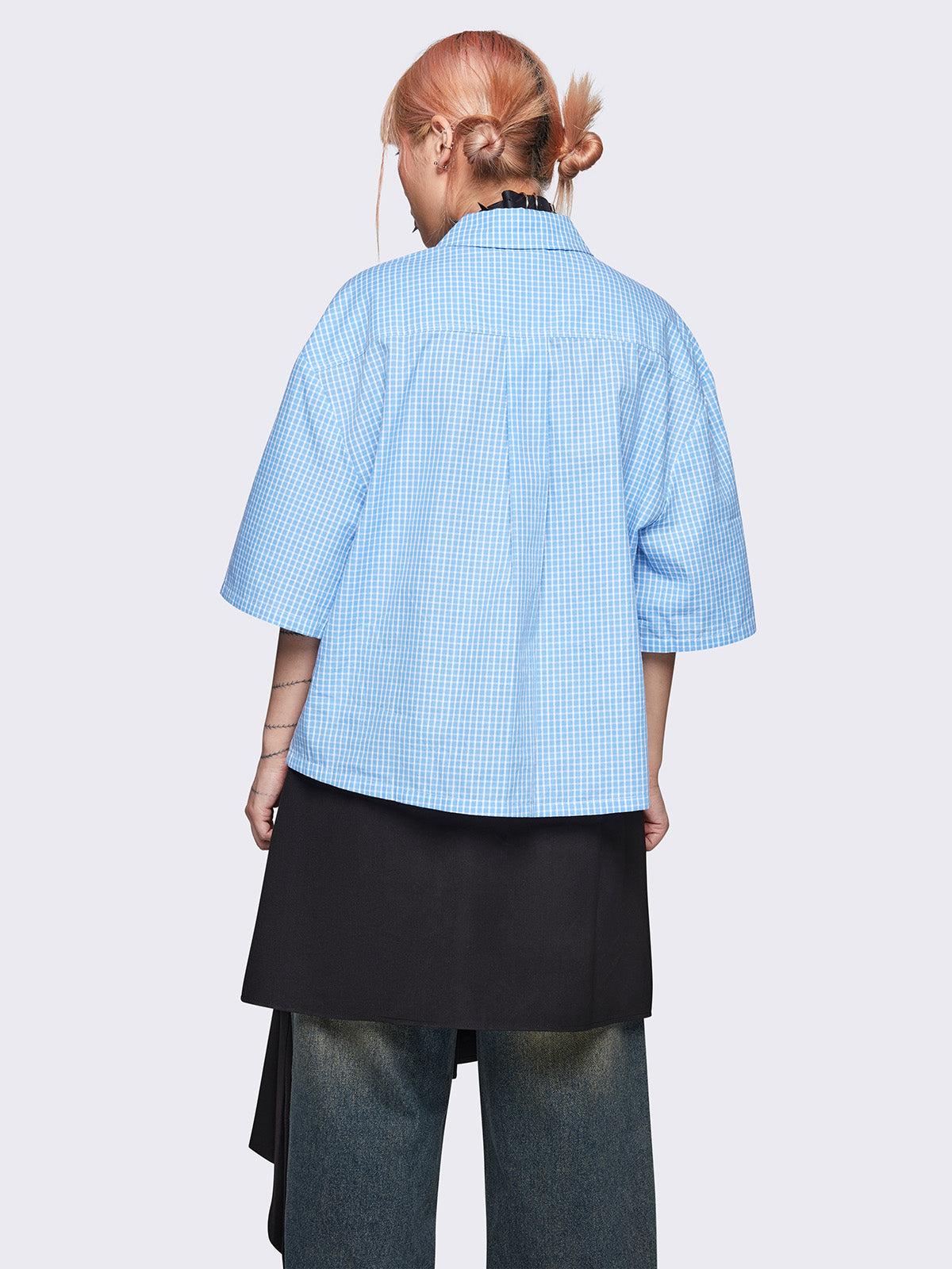 Bowling shirt in checkered blue with graphic front print