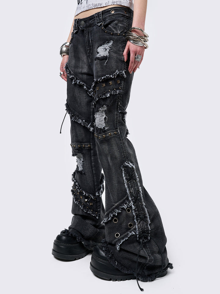 Flared Distressed Jeans with Eyelets and Lace-Up Details | Minga