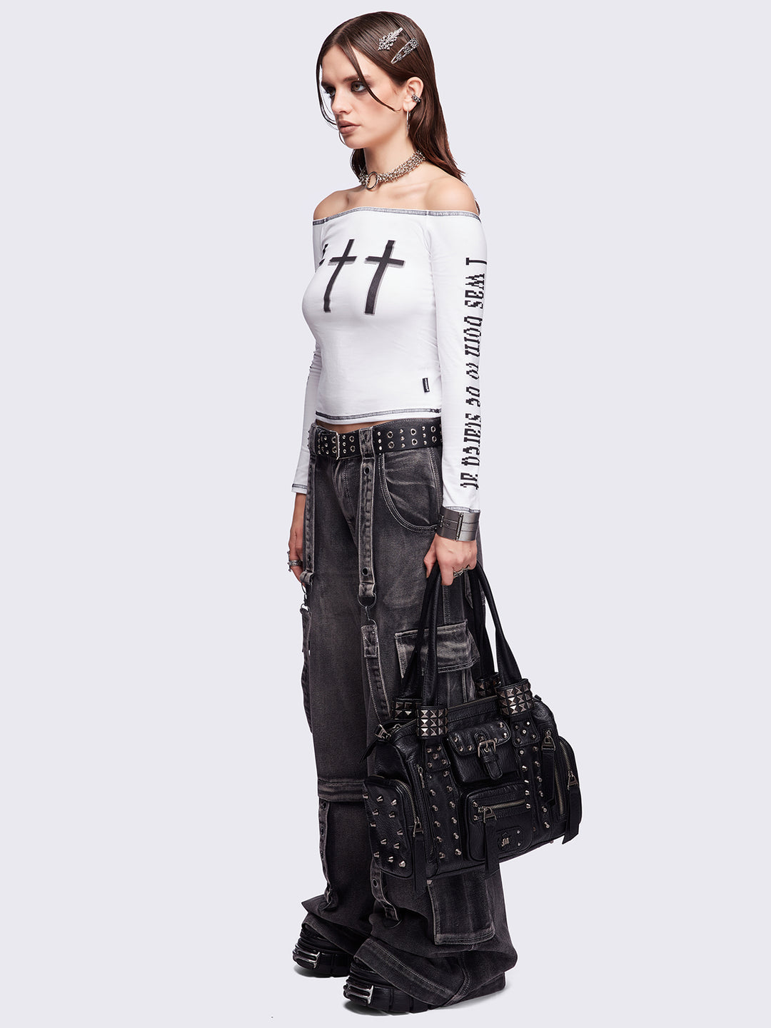 Faux Leather Spiked Multipocket Shoulder Bag in Black | Minga