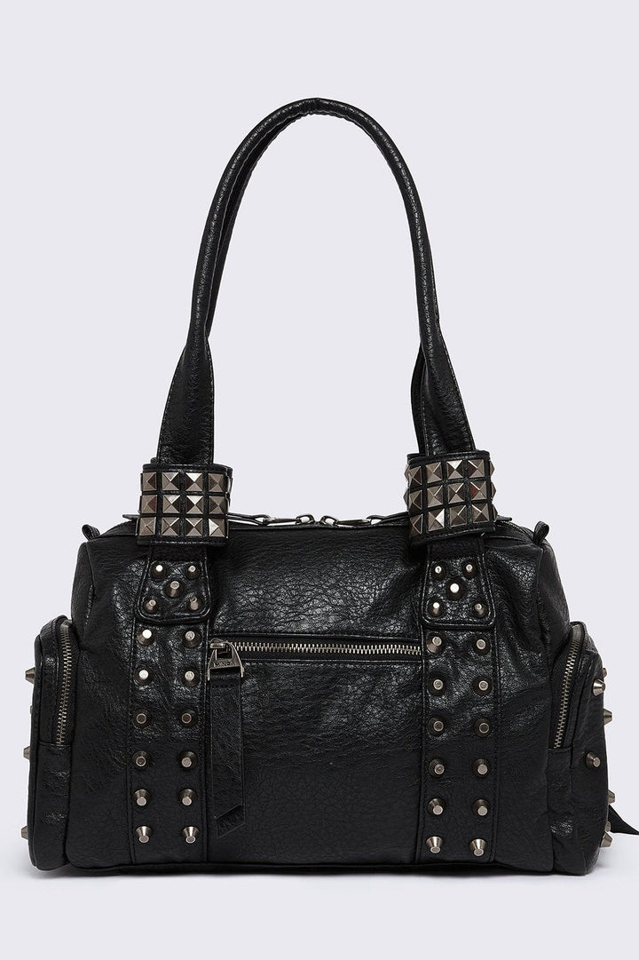 Faux Leather Spiked Multipocket Shoulder Bag in Black | Minga