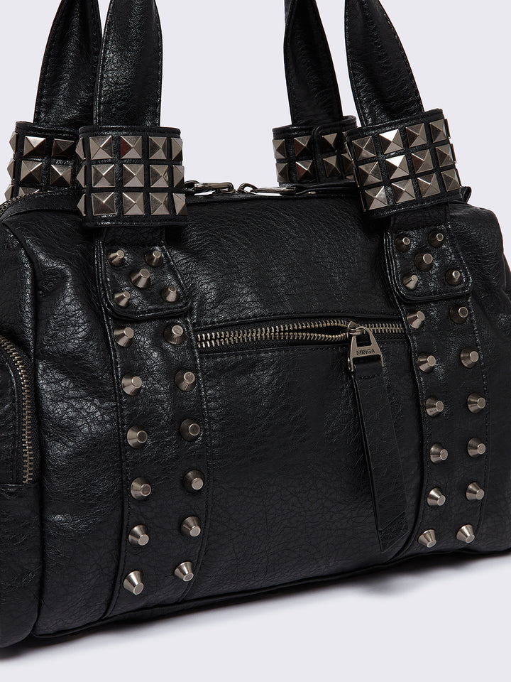Faux Leather Spiked Multipocket Shoulder Bag in Black