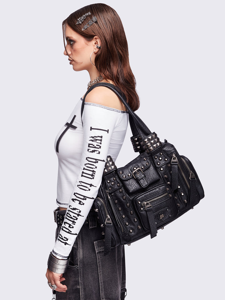 Faux Leather Spiked Multipocket Shoulder Bag in Black | Minga