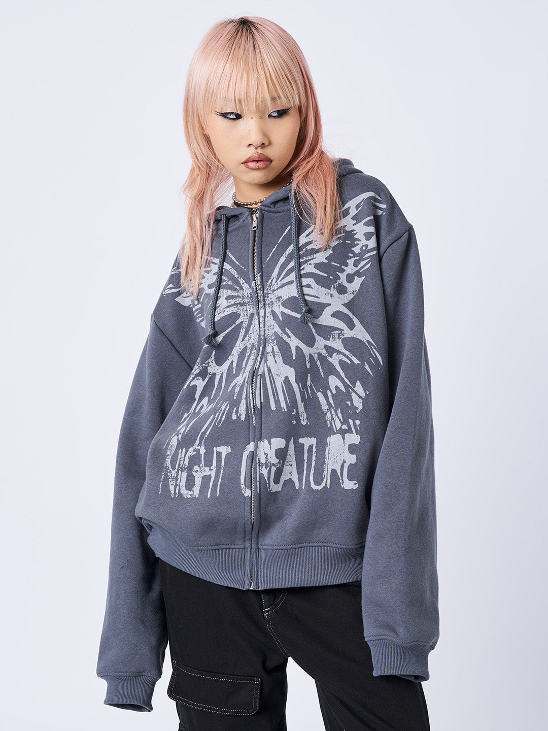 Grey Oversized Zip-Up Hoodie - Y2K Grunge | Minga London – Minga London EU